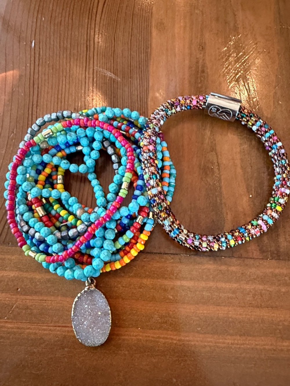 Source Unknown Turquoise & Multicolor Beaded Wrap Bracelet with Druzy Charm